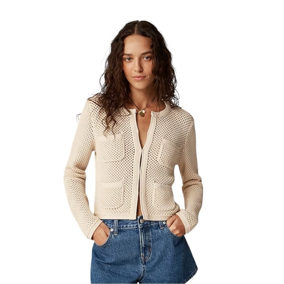 J. Crew Sweaters - J Crew Light Beige Open Knit Pointelle Stick Cardigan Womens Size S Cotton